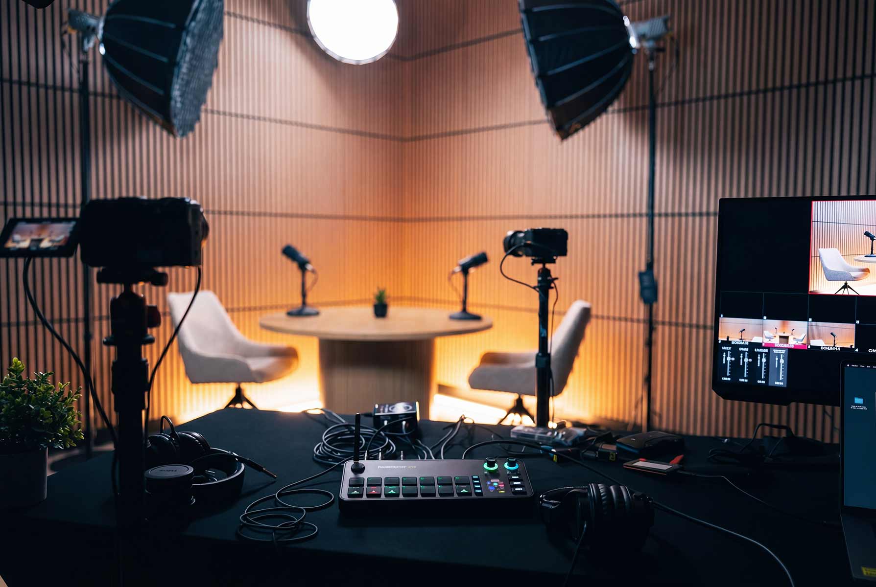Multi-camera podcast control room ready for production