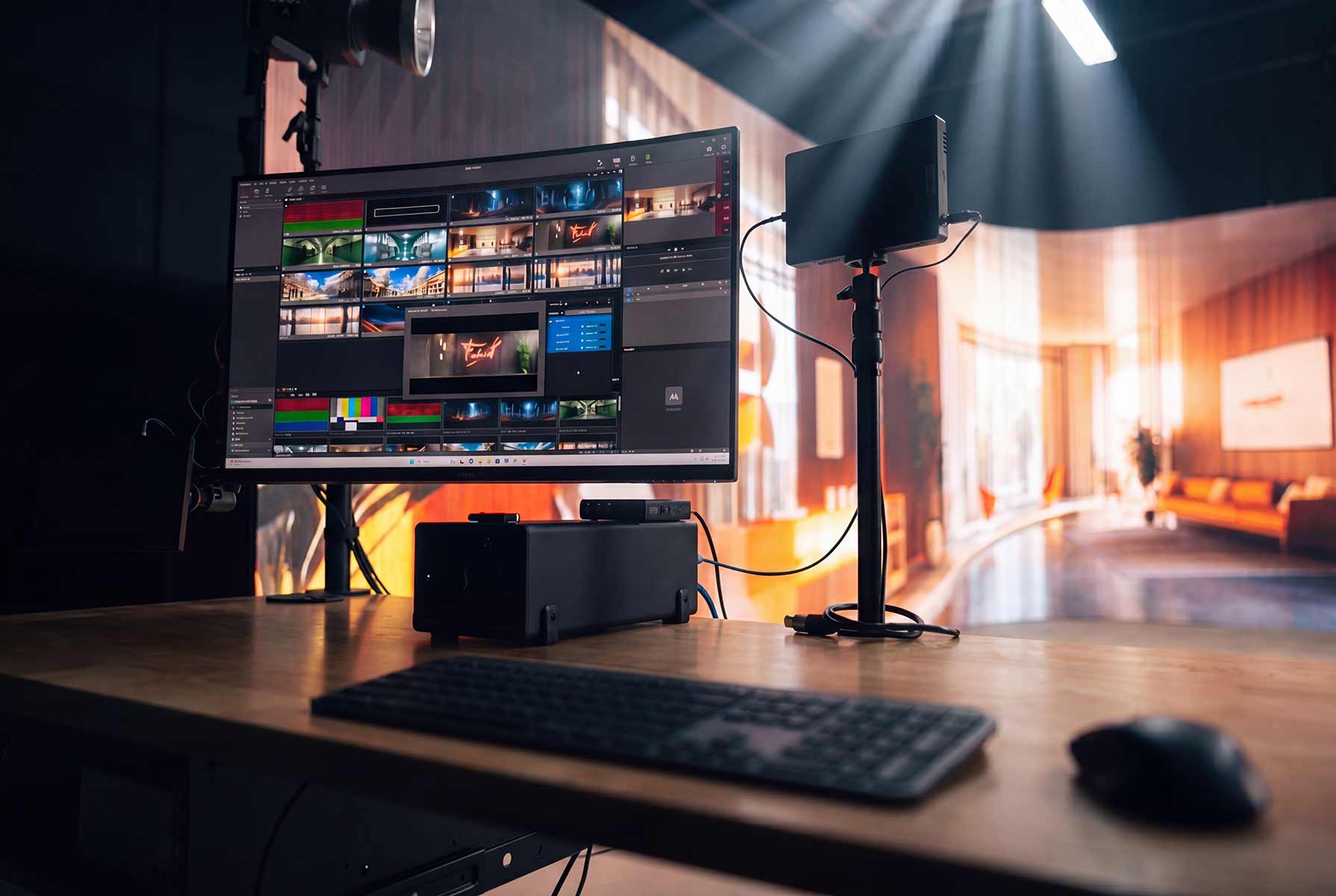 Close view of the producer desk's preview monitor, with the LED wall's content glowing softly behind