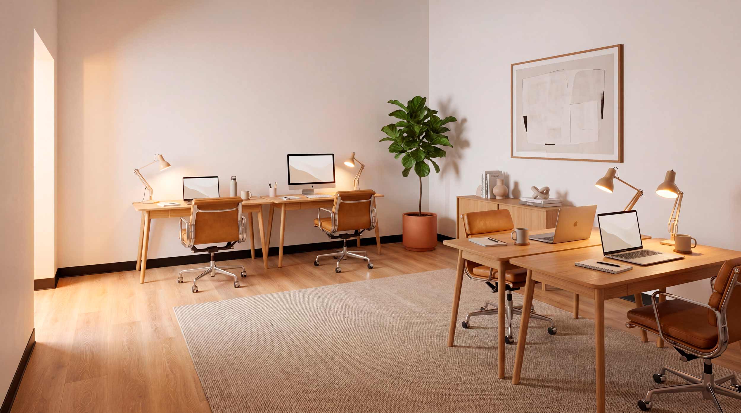 Large Office layout — four desks and casual lounge furniture in a daylit workspace