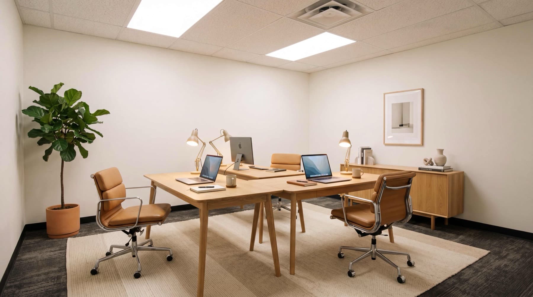Medium Office layout — shared desk pair with task lighting and natural finishes
