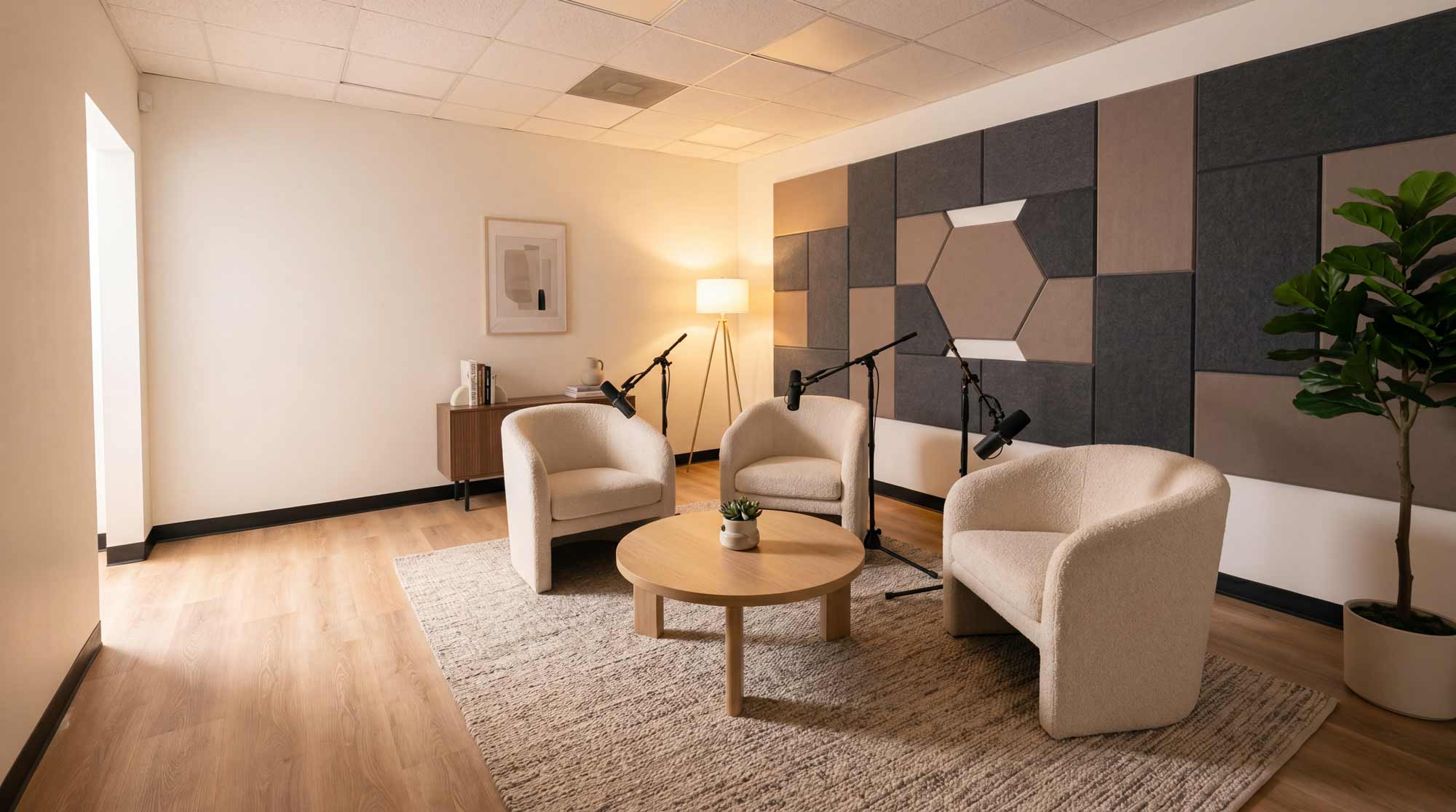 Large Studio Suite layout — three-chair conversation set with hex acoustic treatment
